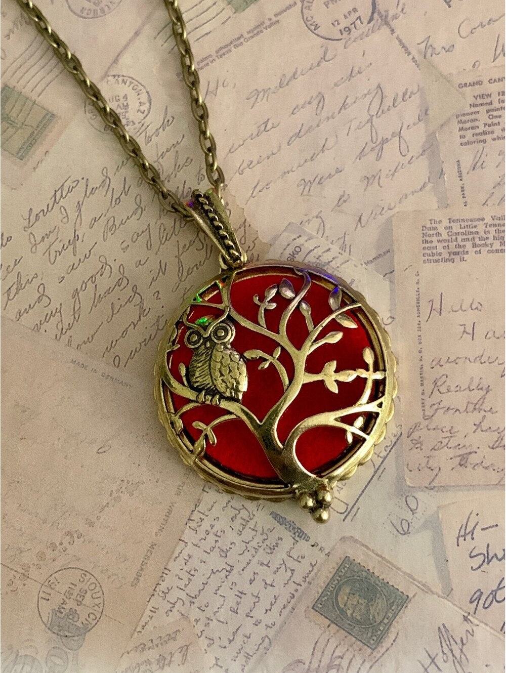Antiqued Brass Owl Tree of Life Aromatherapy Diffuser Locket Necklace